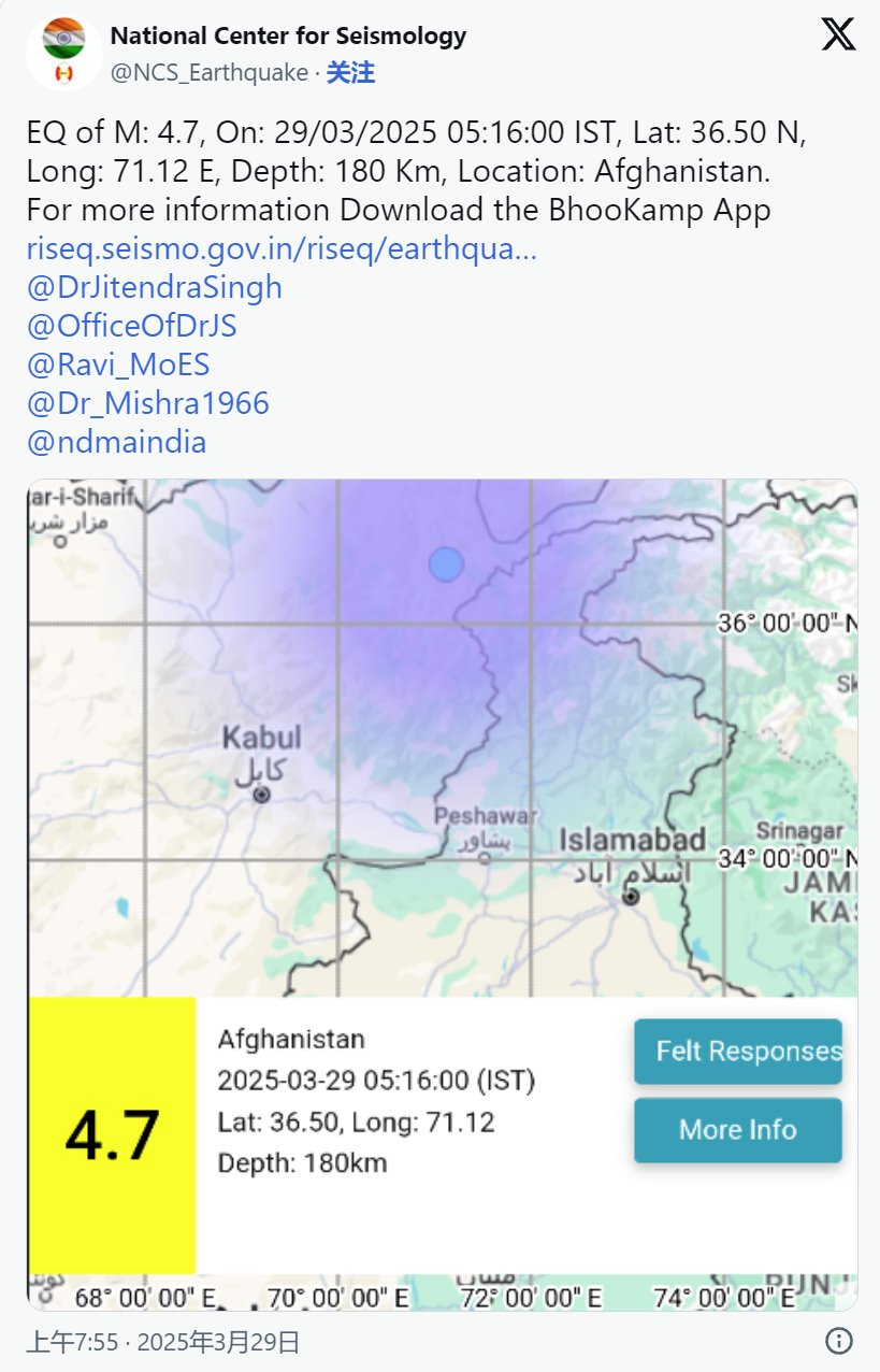 阿富汗發(fā)生4.7級地震