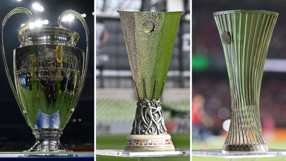 圖片展示了歐洲冠軍聯(lián)賽、歐洲聯(lián)賽和聯(lián)賽冠軍獎(jiǎng)杯
