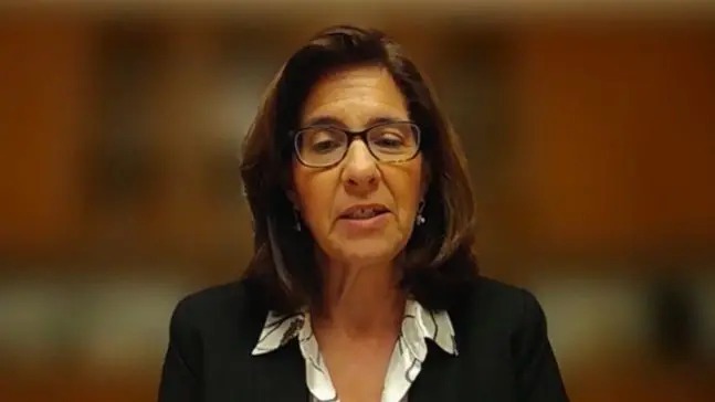 Mona Yacoubian 對著鏡頭講話，她身后的背景很模糊