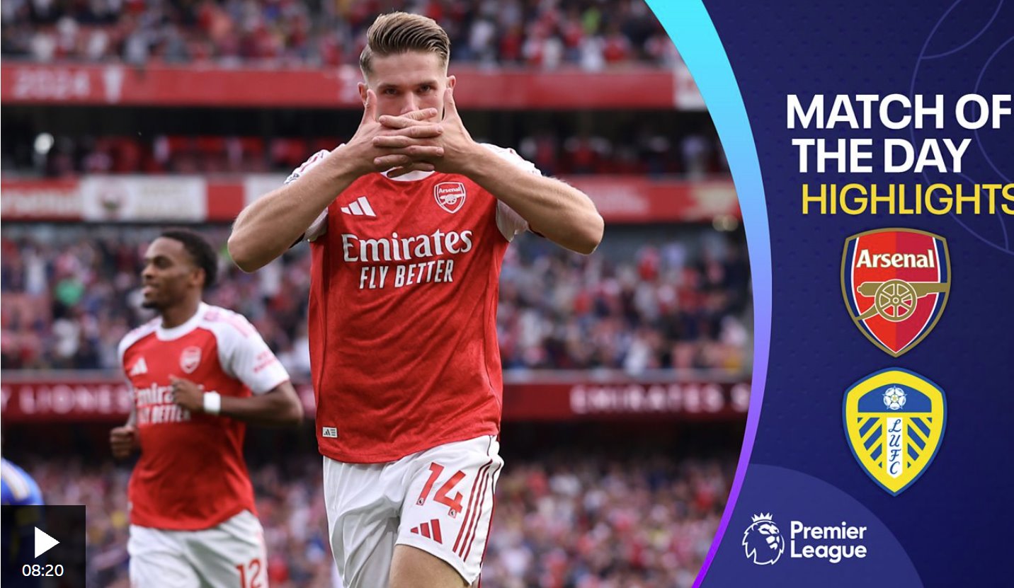 薩卡和厄德高因傷下場，阿森納五球大勝利茲聯(lián)