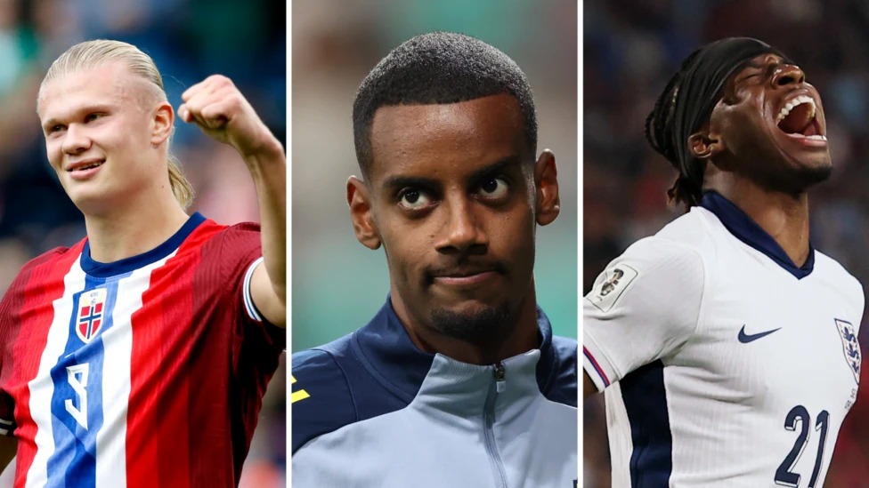 哈蘭德（左）、伊薩克（中）和馬杜?？耍ㄓ遥┚趪H比賽期間代表國家隊(duì)出場