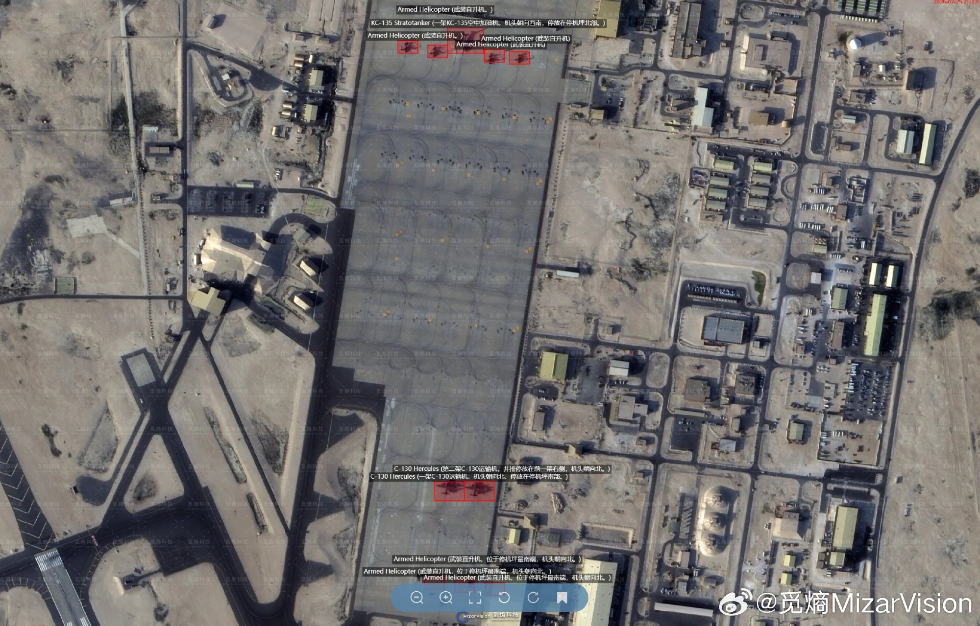 2月26日：衛(wèi)星圖像顯示，烏代德空軍基地停機坪上有一架KC-135加油機、兩架C-130運輸機和大約七架攻擊直升機。